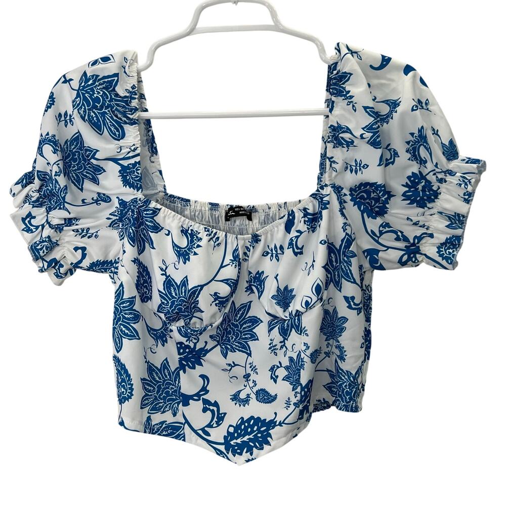 Salanta Floral Milkmaid Crop Top L Blue White Puff Sleeves Smocked Cropped